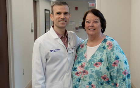 Northwestern Medicine Proton Center physician Randy Bowen, MD with an ocular melanoma patient.